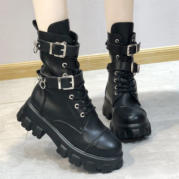 Women Adults Motorcycle Boots Black Metal Decoration Punk Style 2020 Thick Bottom Drsign Woman Shoes Platform Ankle Boots Female