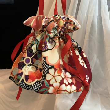 Asia Polyester Girls Bucket Handbag Kimono Tradition Luxury Floral Print Hanfu Bag Yukata Packet
