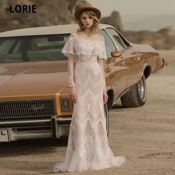 LORIE Champagne Wedding Dresses Boho Lace Appliques Bridal Gowns 2021 New Elegant Cap Sleeve Princess Party Dress Illuison Neck
