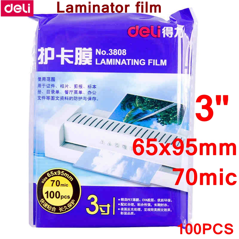 1 BAG 100PCS/lot Deli 3808 thermal laminating film 3"(65x95mm) size 70 mic photo documents PET hot laminator film pouch film