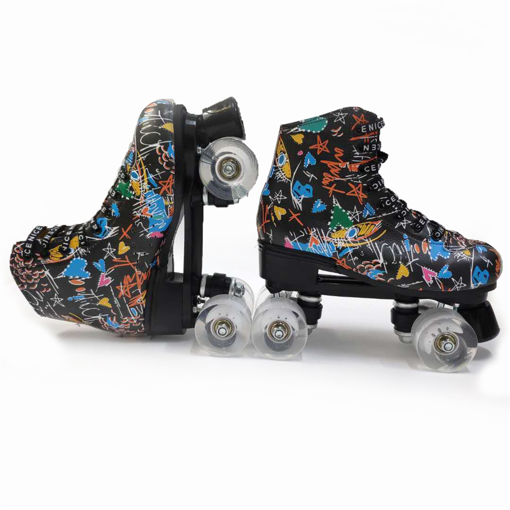 Graffiti Microfiber Roller Skates Double Line Skates Women Men Adult Two Line Skating Shoes with White PU 4 Wheels Training