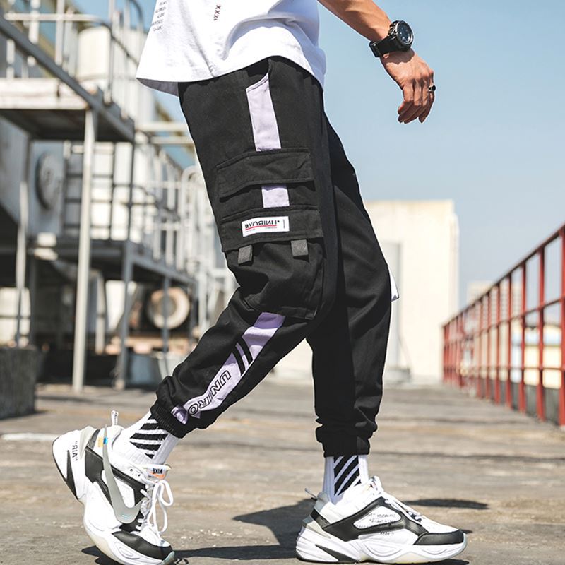 Hip Hop Ribbons Cargo Pants Men Joggers Pants Mens Streetwear Military Pants 2020 Fashion Male Elastic Waist Pant Cotton Black