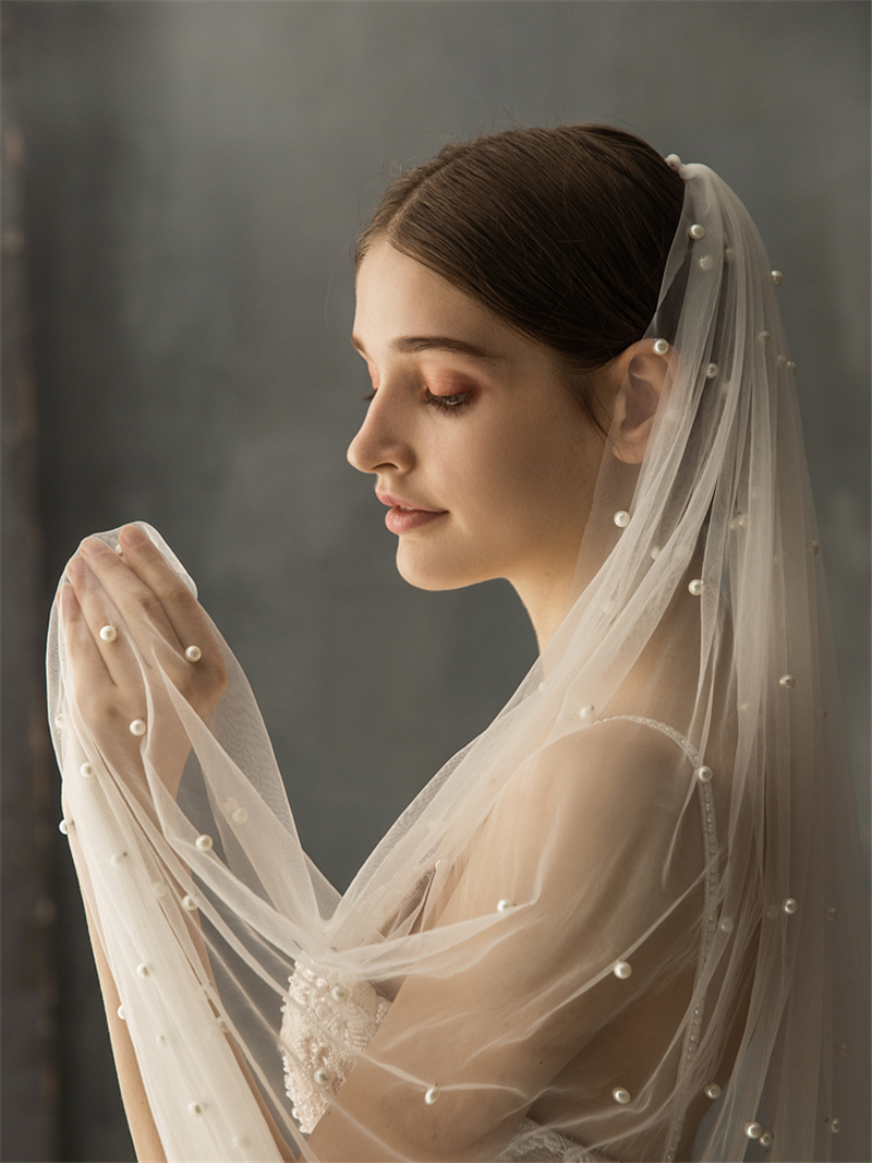 Long White/Ivory Bridal Veil With Comb One Layer Cathedral Length With Pearls Velos de Noiva Wedding Luxurious Veil 75-500cm