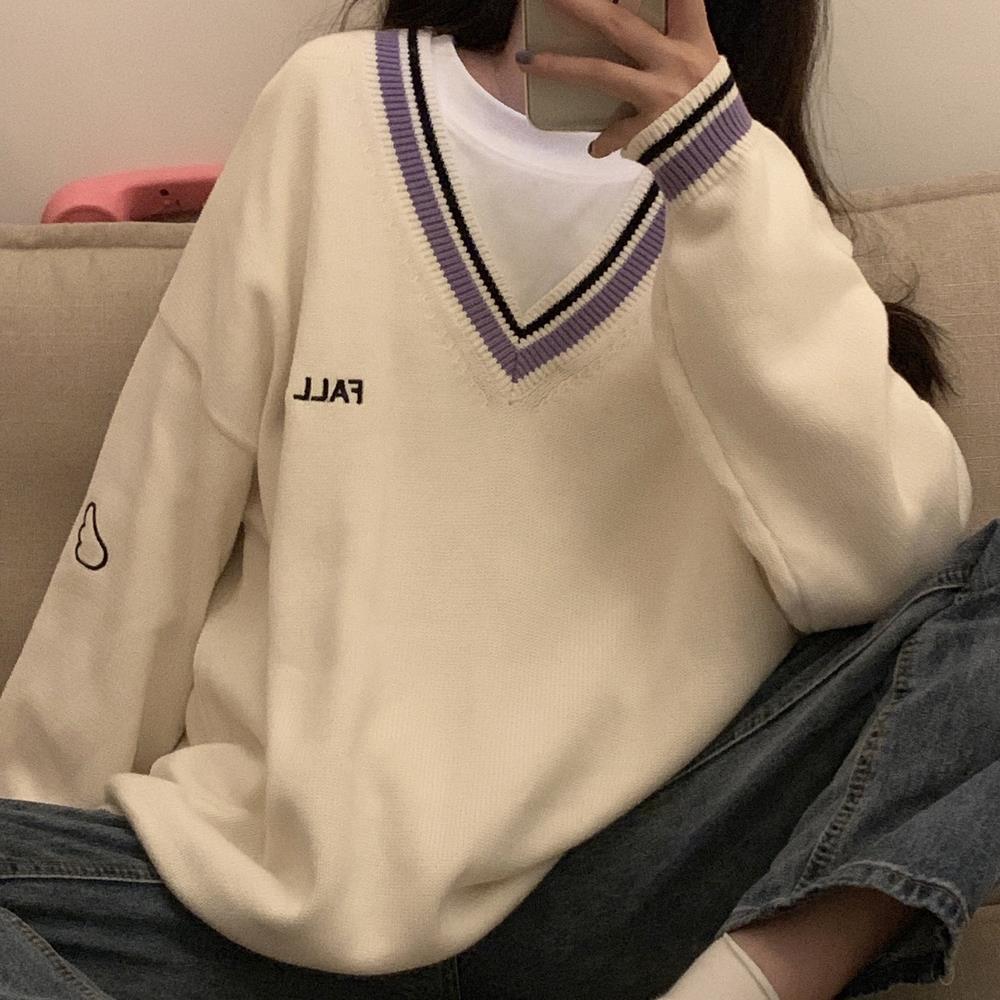 Sweaters Women Ulzzang Letter Chic Vintage V-neck Daily Oversize Preppy Girls Knitwear Fall Casual All-match Ins Womens Sweater