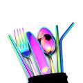 Portable Stainless Steel 8pcs/set Rainbow Dinnerware Set 18/10 Spoon Fork Chopsticks Straw Travel Camping Cutlery With Pouch
