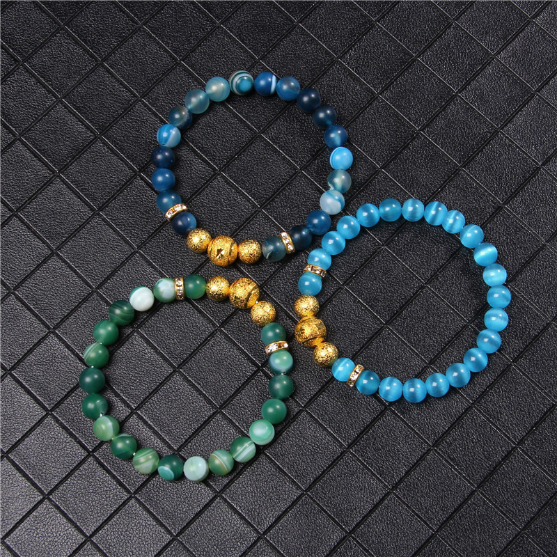 CZ Gold Craft Charm Bracelets For Men 8 mm Blue Polished Tiger Eye Stone Beads Pulsera Women Friendship Handmade Elastic Jewelry