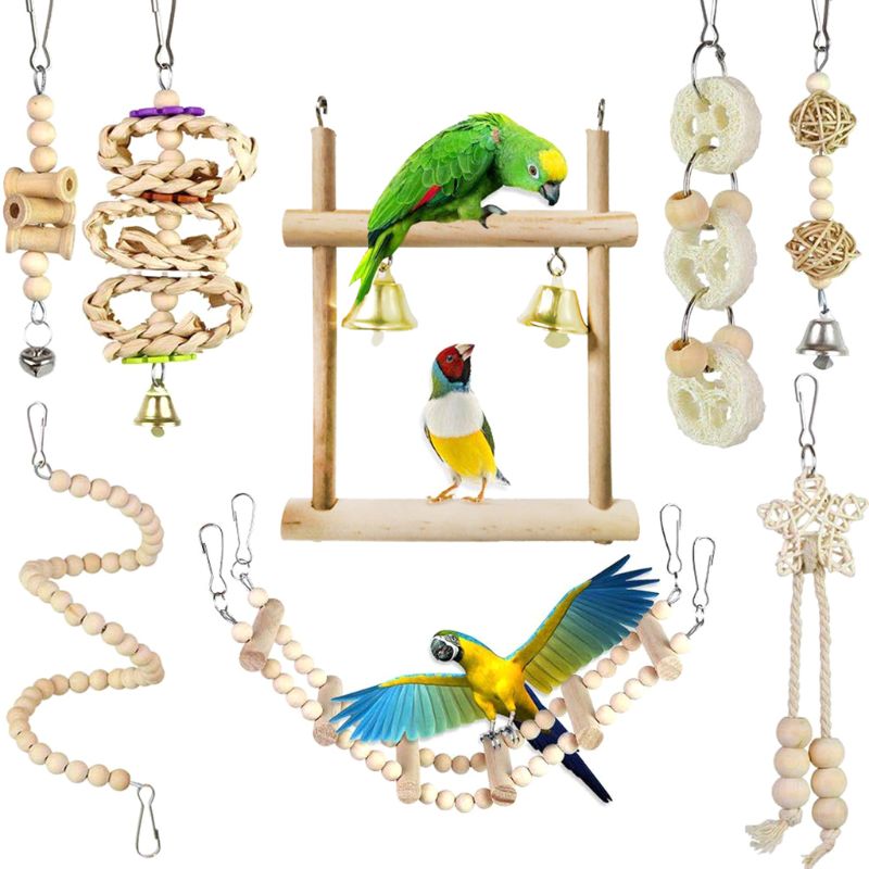 8Pcs/Set Bird Parrot Toys Wooden Hanging Swing Hammock Climbing Ladders Parakeet Cockatiels Perches Pet Supplies Dropshipping