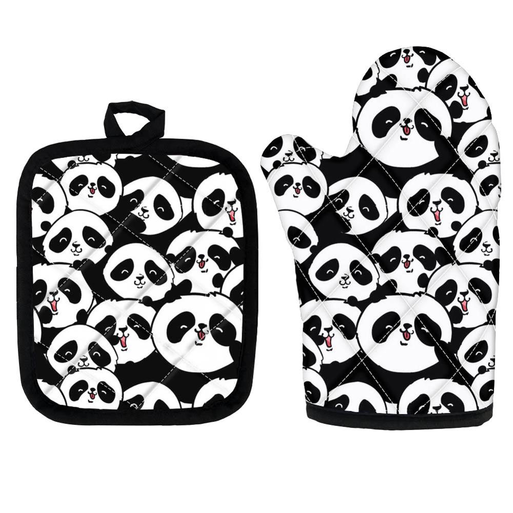 Oven Mitts Cute Panda Printed Gloves Kitchen Cooking Polyester Cooking Microwave Mitts Heat Proof Resistant Potholder Pad Suit