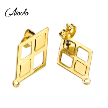 10pcs/lot Exaggerated Surgical Steel Real Gold Plated Rhombus Earring Connector Posts Studs DIY Earrings Jewelry Making Supplies
