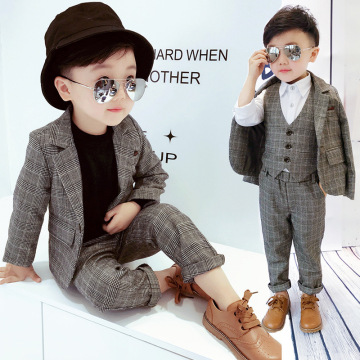 Autumn Winter Children Formal Suit Sets Boys Plaid Blazer Vest Trousers 3pcs Clothes Set Kids British Style Party School Costume