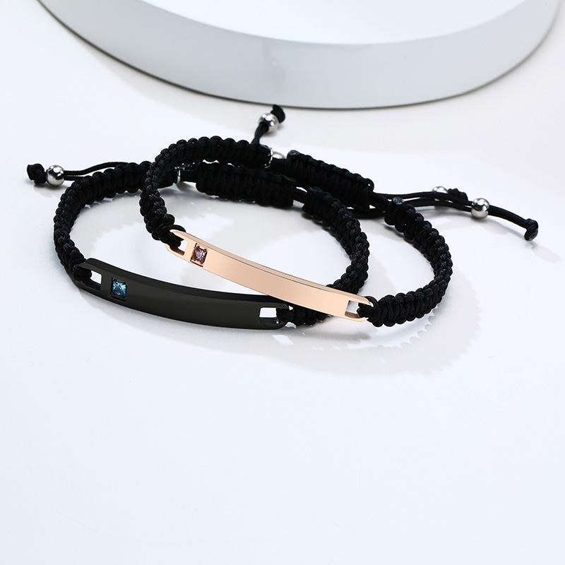 2 Pieces Set Couples ID Tag Braided Bracelets for Women Men Custom Personalized Bar with Crystal Stone Adjsutable Chain