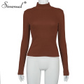 Simenual Turtleneck Solid Casual Long Sleeve Women T Shirts Autumn 2020 Fashion Bodycon Top Brown Skinny Femme Street Style Tees
