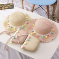 Children's Woven Straw Hat shoulder Bag Set Summer Girl Cute Cartoon Strawberry Beach Travel Sunscreen Wave Lace Sun Cap U6