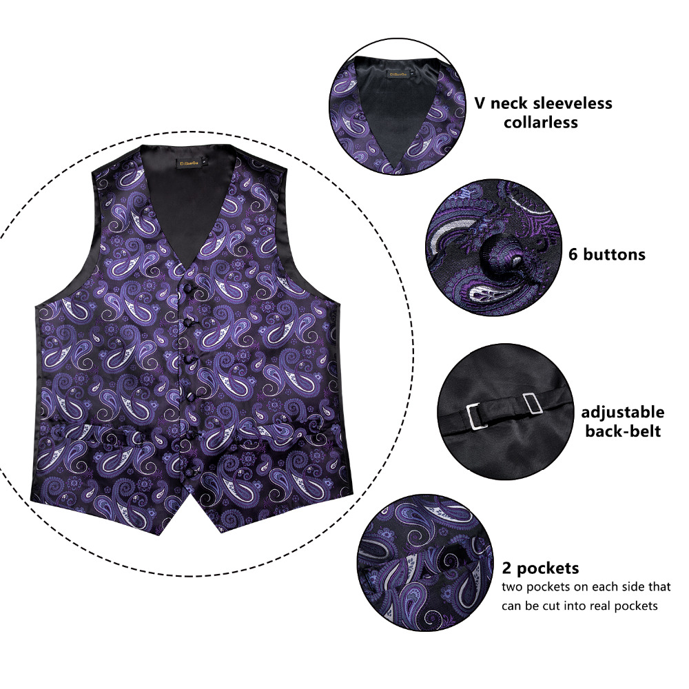 DiBanGu Men's Purple Black Paisley Waistcoat Vest Pocket Square Tie Cufflinks Hanky Suit Set Pocket Square Set MJ-105