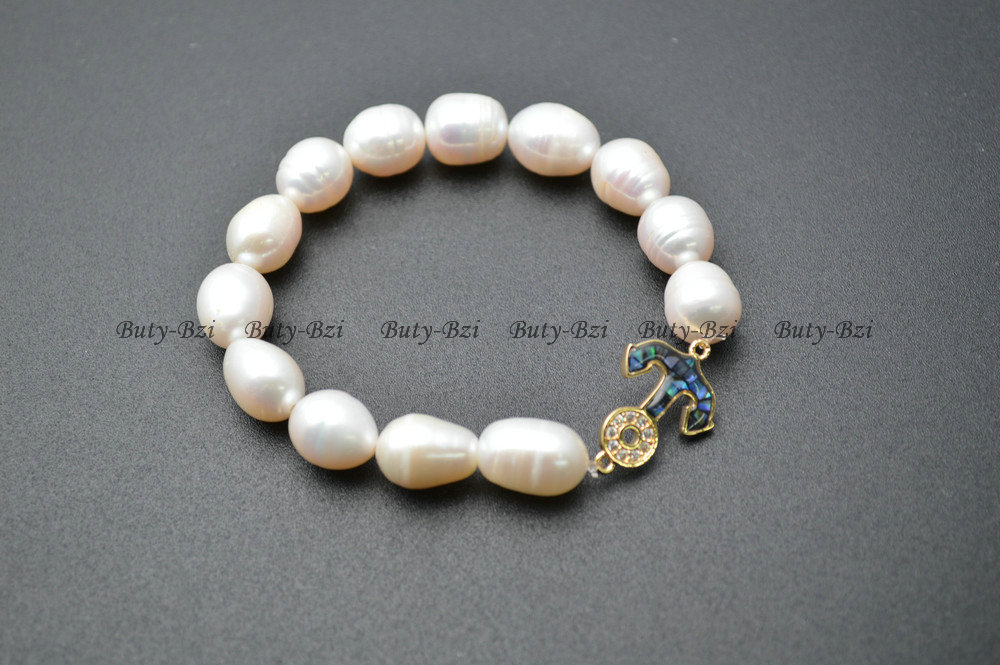 Paved CZ and Abalone Shell Metal Anchor Charm Natural Fresh Water Pearl Potato Beads Stretch Bracelets Fashion Jewelry Gift