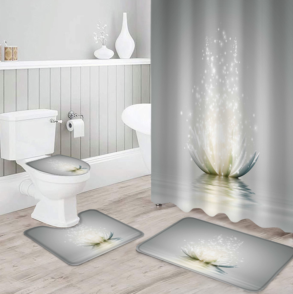 Flower Abstract Lotus Shower Curtain Sets Non-Slip Rugs Toilet Lid Cover and Bath Mat Waterproof Bathroom Curtains