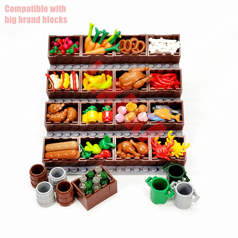 100pcs DIY Bulk Building Blocks Food Fish Fruit Chicken Hot Dog Coin Toy MOC Parts City Accessories Bricks Compatible All Brands