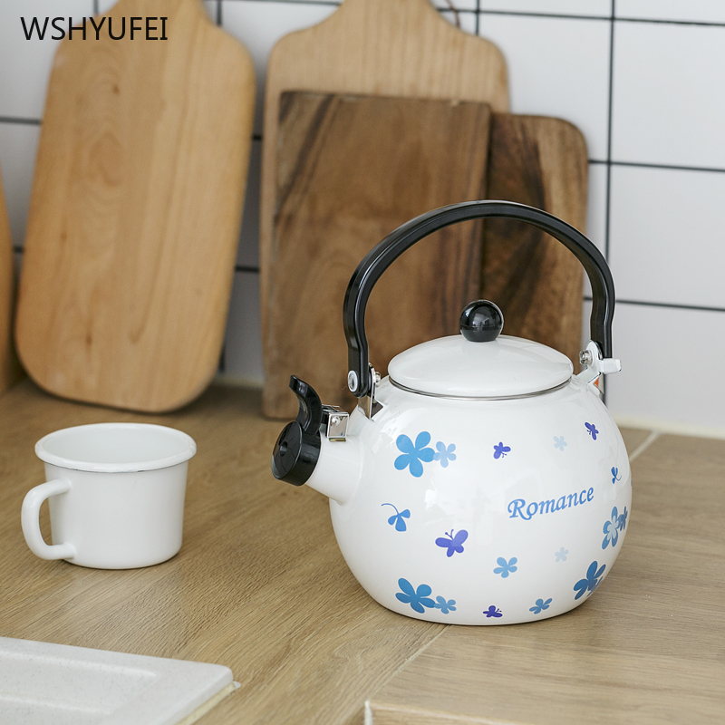 2L thick flat bottom whistle round belly enamel kettle kettle jug milk teapot home portable kitchen induction cooker universal