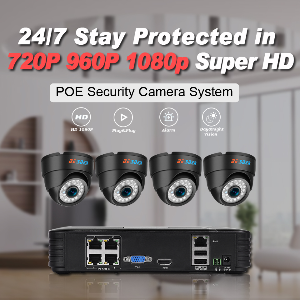 BESDER XMEye 720P 1080P CCTV System Home Security Surveillance Kit ( 4PCS Indoors Dome IP Camera & one 4 Channel POE 15V NVR )