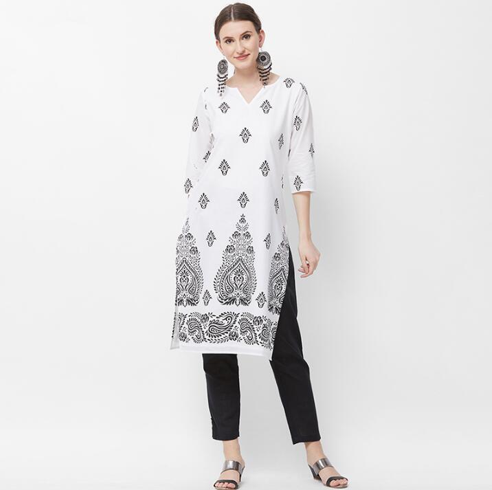 Woman Fashion Ethnic India Styles Printing Sets Cotton New India Kurtas Three Quarter Sleeves Long Thin Top