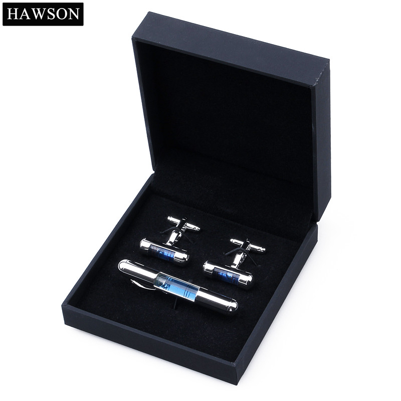 HAWSON Novelty Cuff links and Tie Clip Set Mens Blue Water Level Cufflinks Separated Selling Available