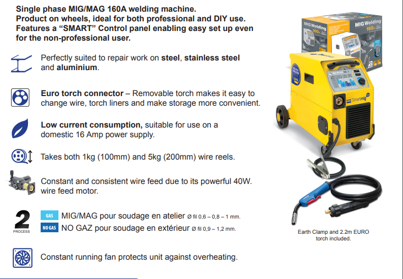 GYS-SMARTMIG 162 Single phase MIG/MAG 160A welding machine Product on wheels ideal for both professional and DIY use