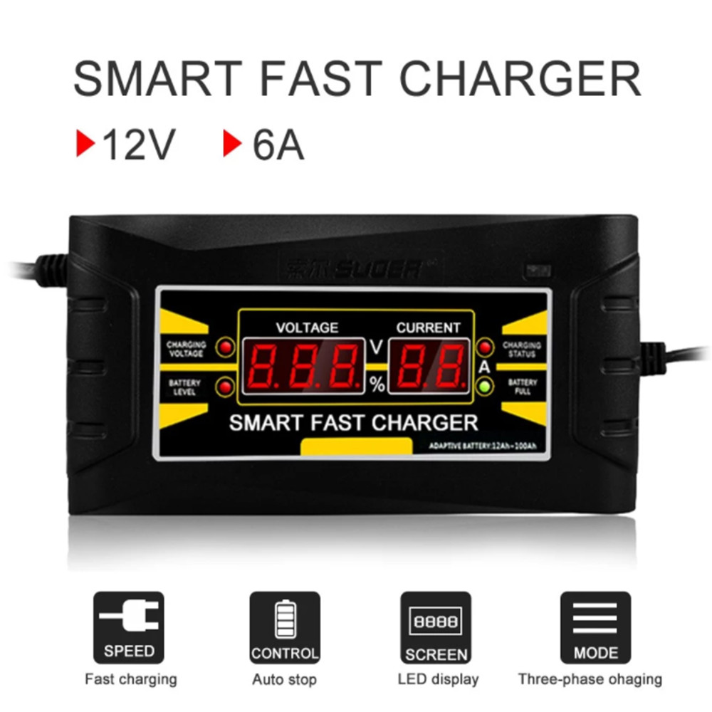 Automatic Car Battery Charger Jump Starter Wire EU Plug 150V-250V To 12V 6A Fast Power Charge For Car Motorcycle Battery Charger