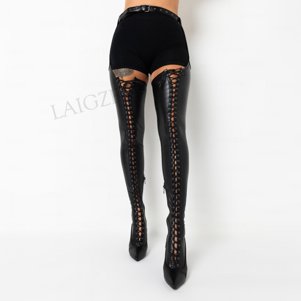 LAIGZEM Women Thigh High Chap Boots Waist Belted Thin Heels Boots Faux Leather Club Lace Up Over Knee Shoes Big Size 42 44 45 47