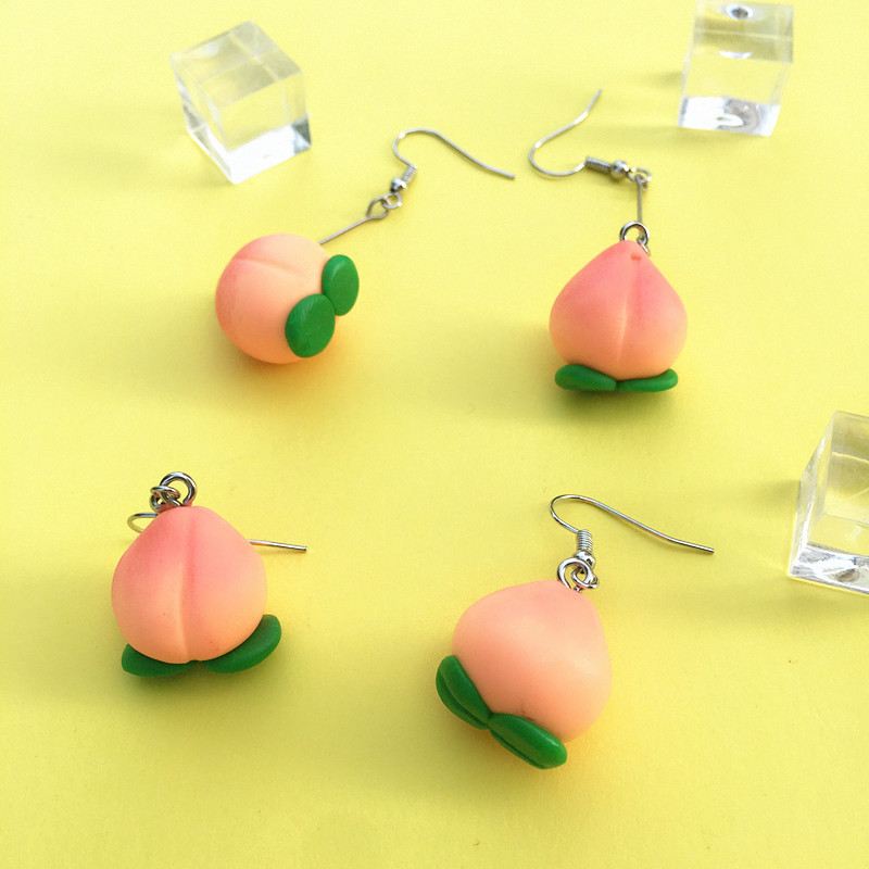 Cute Handmade Polymer Clay Peach Dangle Drop Earrings Funny Lovely Fruit Earrings for Woman Girl Summer Unique Jewelry