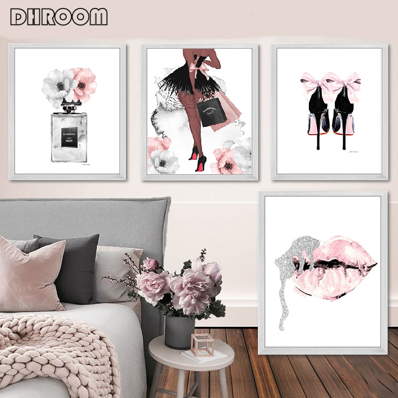 Fashion Wall Art Perfume Lips Poster Nordic Print High Heels Canvas Painting Woman Pictures for Living Room Modern Decoration