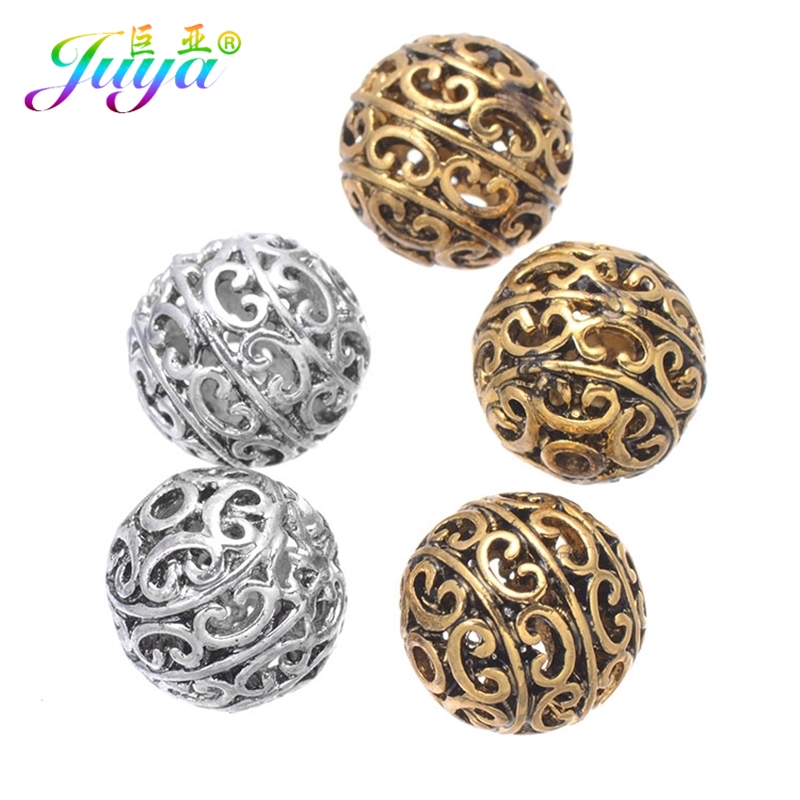 Juya 10pcs/lot Wholesale 12mm Engrave Beads Hollow Antique Gold Silver Color Metal Beads For Women Men Beadwork Jewelry Making