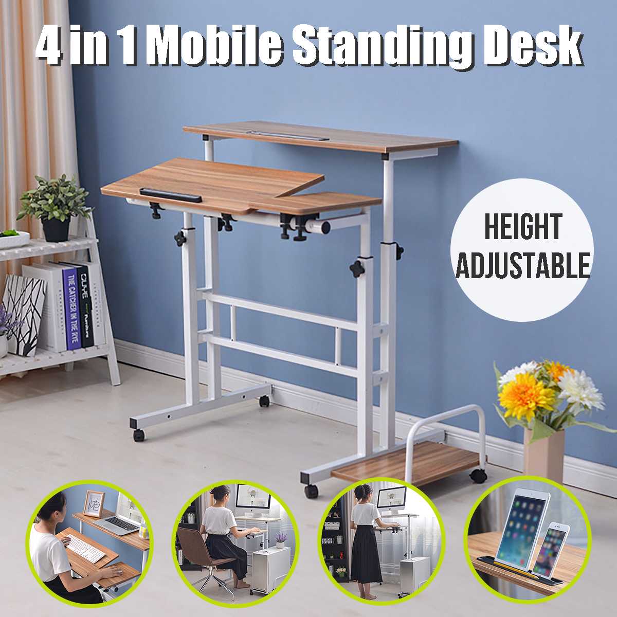 Desktop Computer Table Upgraded Height Adjustable Standing Laptop Desk 2 Layers Can be Lifted For Home Office With Host Shelf