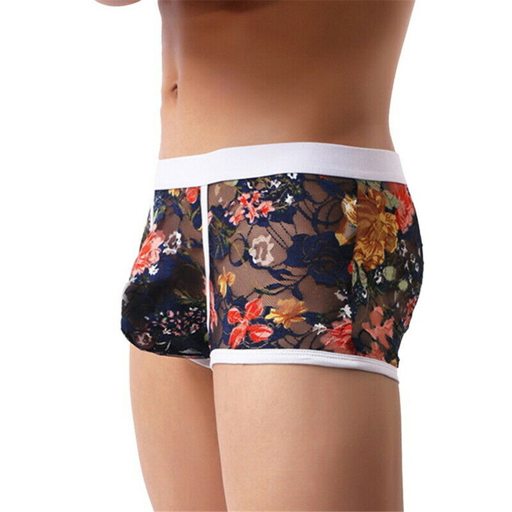 Mens Boxer Floral Print Underwear Sexy Lingerie Transparent Breathable Soft Shorts Underwear Lace Boxer Briefs Underwear Shorts