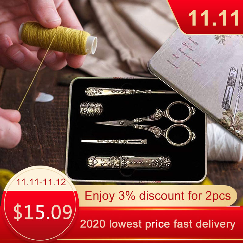 5 In 1 Embroidery Sewing Scissors European Retro Silver Classical Scissors Set Thimble Needle Box Combination Sewing Tools