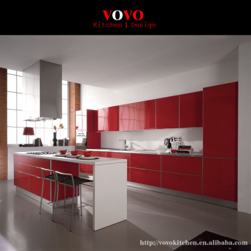 High gloss red integrated kitchen furniture with bar island for breakfast