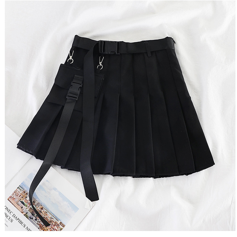 Womens Streetwear Tooling Half-length Pleated Skirt Safari Black Short Skirt Fashion High Waist Harajuku Women Skirts