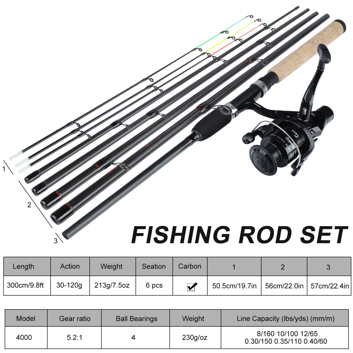 Sougayilang 3.0m Carp Fishing Rod Combo 6 Sections Feeder Rod and Carp Fishing Reel with Line Lure Hook Carrier Bag Full Kits