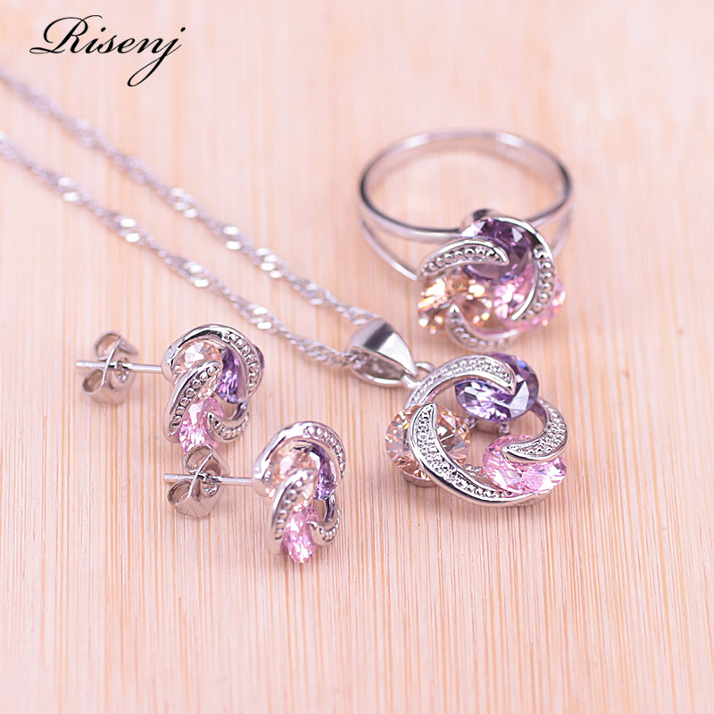 Risenj Big Discount Colorful Lucky Circle Silver Color Jewelry Set For Women Earrings Ring Necklace Set With Pendant In Store