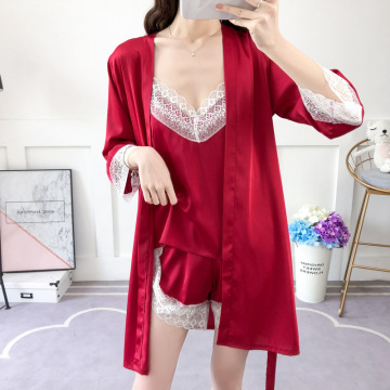 Spring And Autumn New Ladies High-Grade Silk Forging Lace Sexy Suspenders Shorts Nightgown Home Service Pyjamas Three-Piece Suit