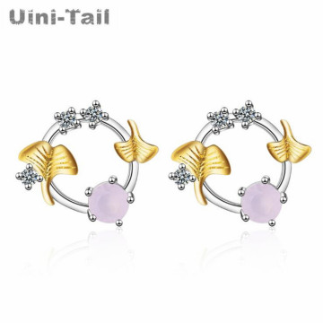 Uini-Tail hot new 925 sterling silver Korean sweet round fresh apricot leaf earrings temperament artificial crystal jewelry