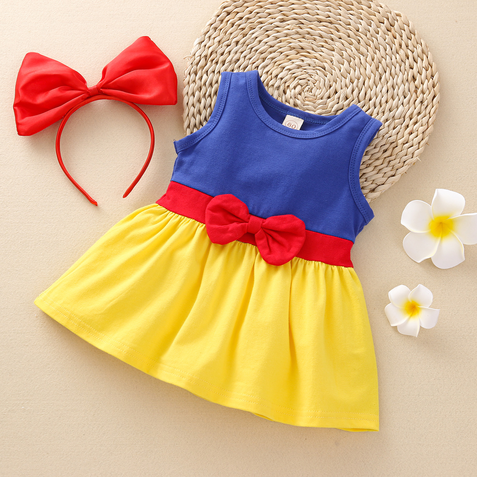 1-5Years Baby Girl Summer Outfits Sleeveless Round Neck Color Block Dress + Bow Headband 2Pcs Clothes Set