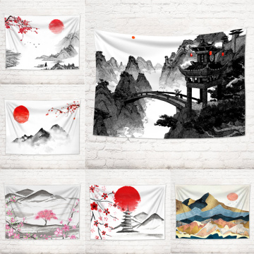 Chinese Landscape Painting Hanging Tapestry Mountain Stone Bridge Ancient Building Wall Hanging Tapestries Blanket Cloth Curtain