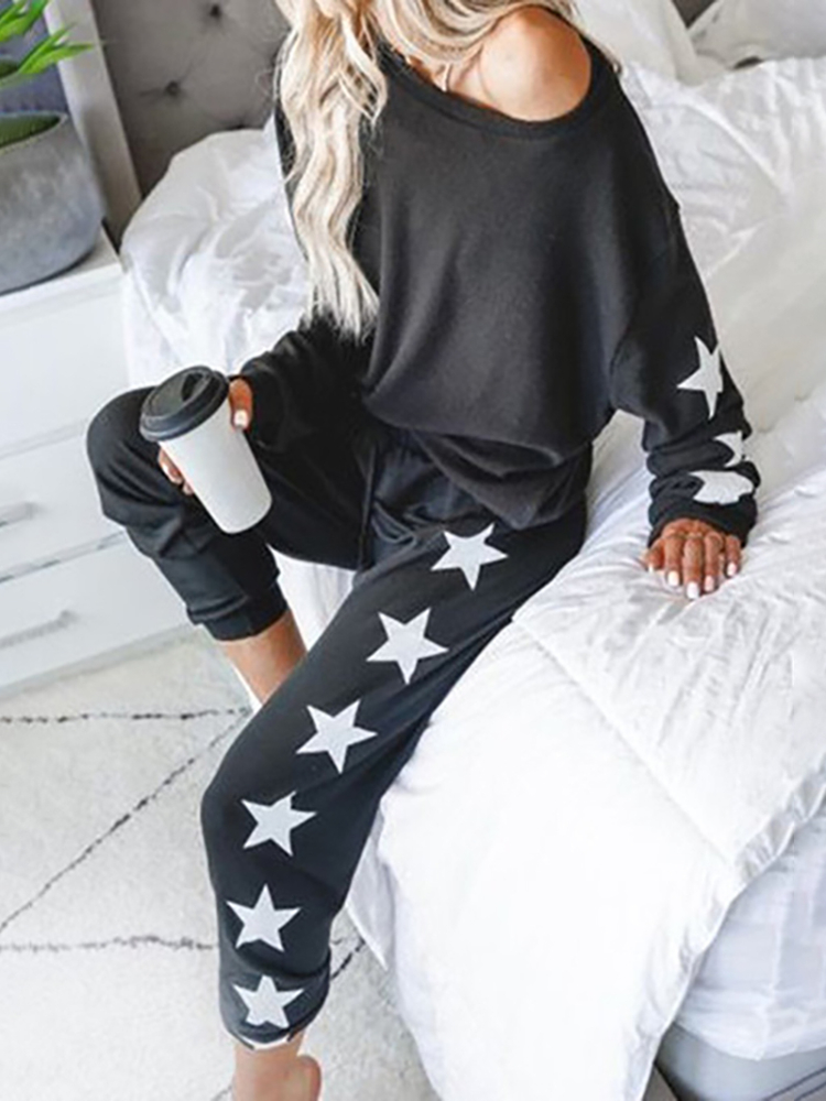 2020 Women Fashion New Star Print Top & Pants Pajamas Sets Bedroom Home