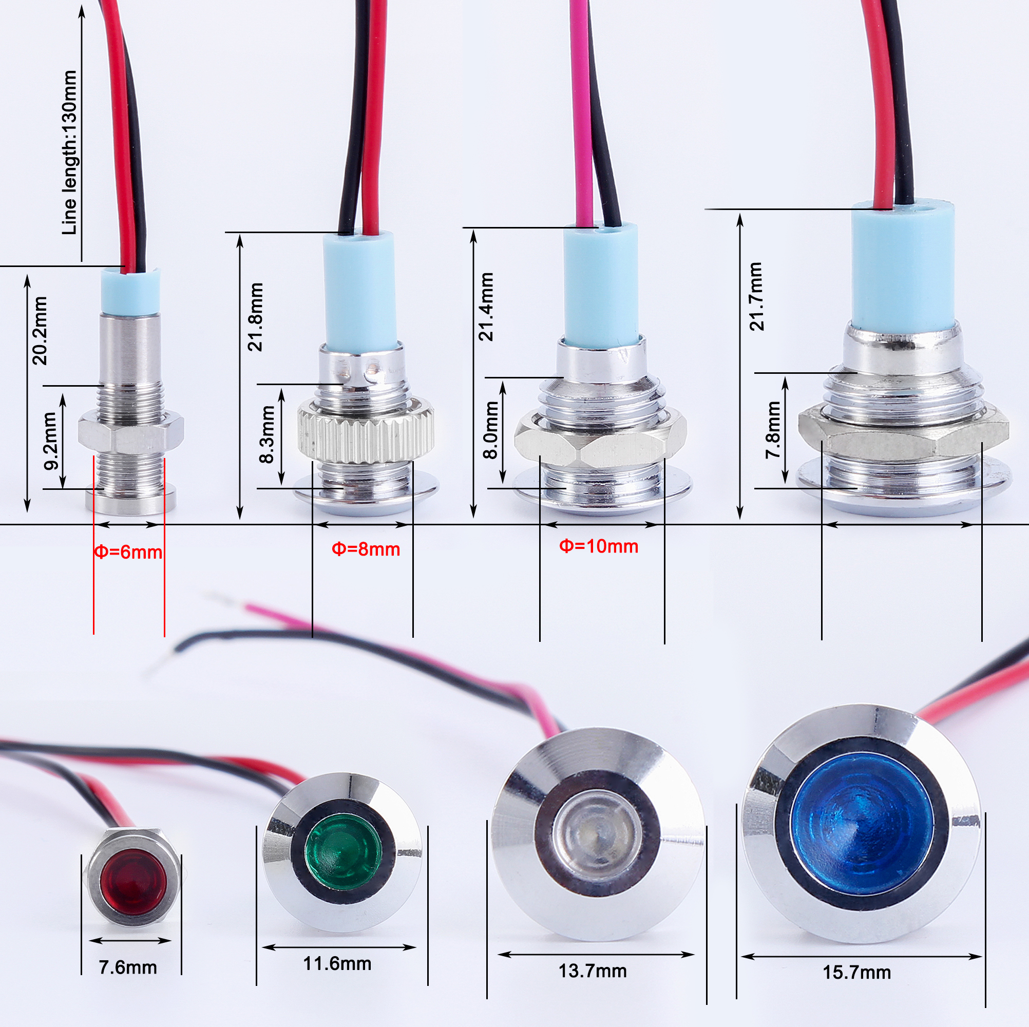 6mm 8mm 10mm 12mm Metal LED Warning indicator light Waterproof IP67 Signal Lamp Pilot Wires switch 3V 5V 12V 220V Red Blue