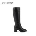 SOPHITINA New Hot Sale Knee-High Women Boots High Quality Cow Leather Elegant Round Toe Suqare Heel Shoes Short Plush Boots BA18