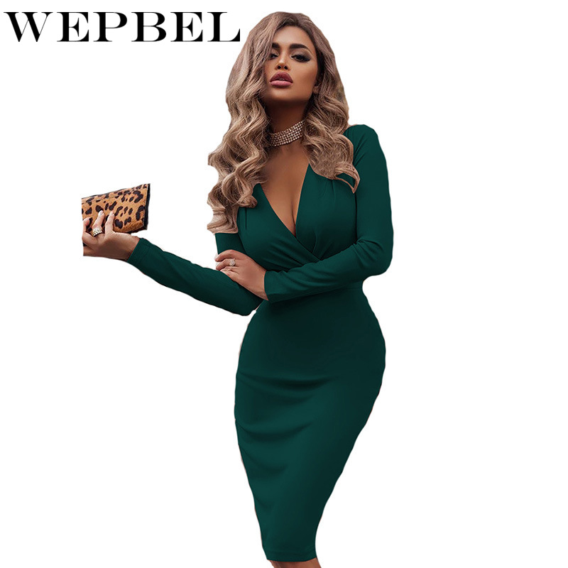 WEPBEL Fashion Career Women Long Sleeved Deep V-neck Fit Work Dress Vintage Elegant Business Office Pencil Bodycon Dress