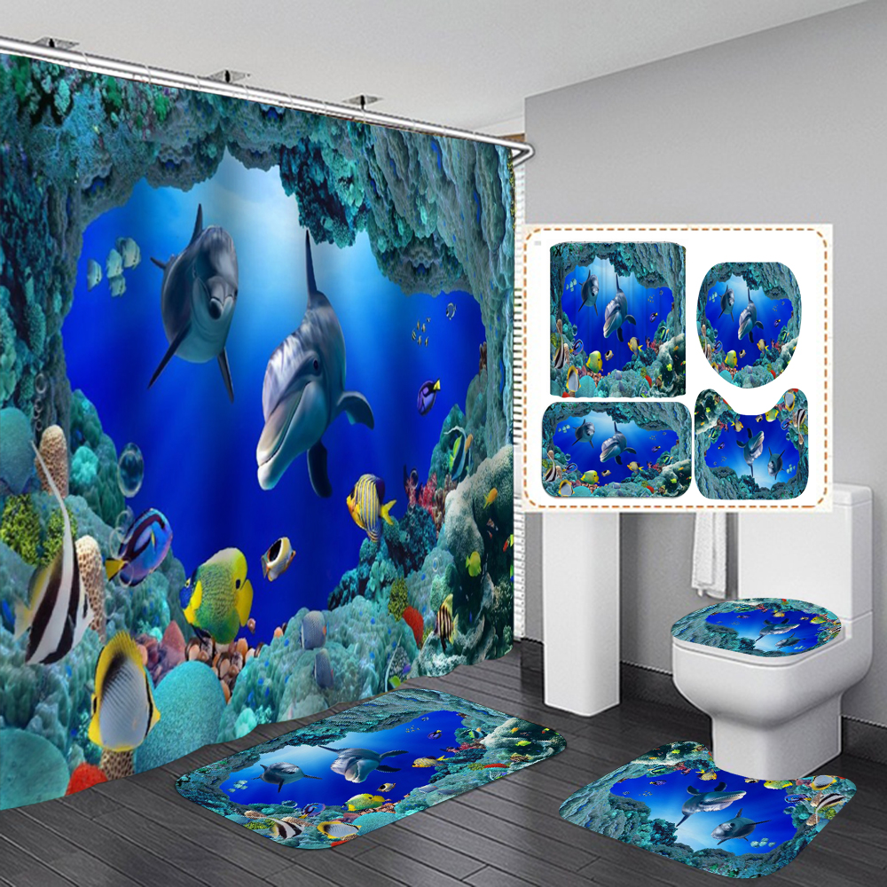 3D Ocean Design Dolphin Waterproof Fabric Bathroom Curtain Shower Curtains Set Anti-skid Rugs Toilet Lid Cover Bath Mat