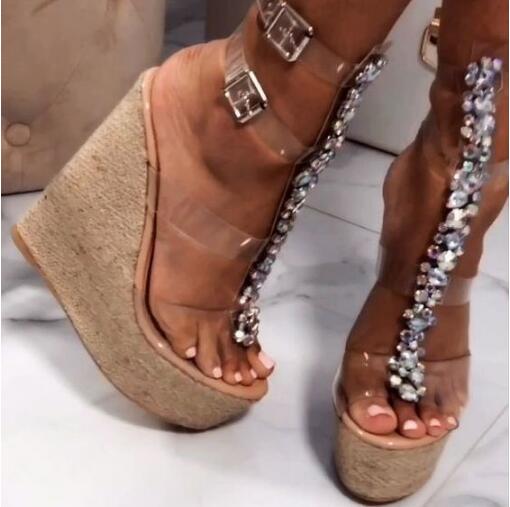 Dipsloot Girls Clear PVC Platform Wedge Sandals Summer Fashion Buckles Bling Bling Diamond Crystal High Heel Sandals Shoes Woman