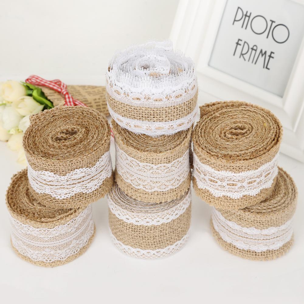 New Arrival vintage width 5cm Natural Jute Burlap Hessian Ribbon with Lace for countryside wedding&party decoration DIY Ribbon