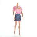 1pc Pink Clothes Sets Summer Short Sleeve Flower Print Doll Dress elegant Skirt For Barbie Doll